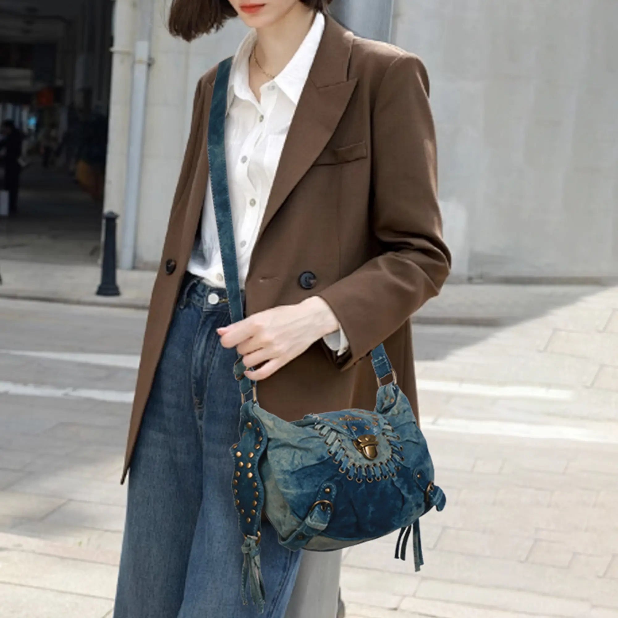 Vintage Boho Shoulder Bag – Washed Denim Purse for Free-Spirited Women