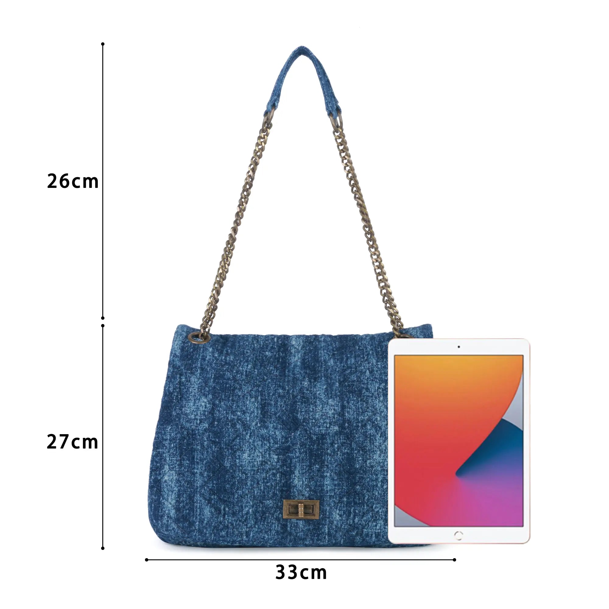 Washed Denim Flap Shoulder Bag – Vintage Chain Tote with Turn-Lock Closure