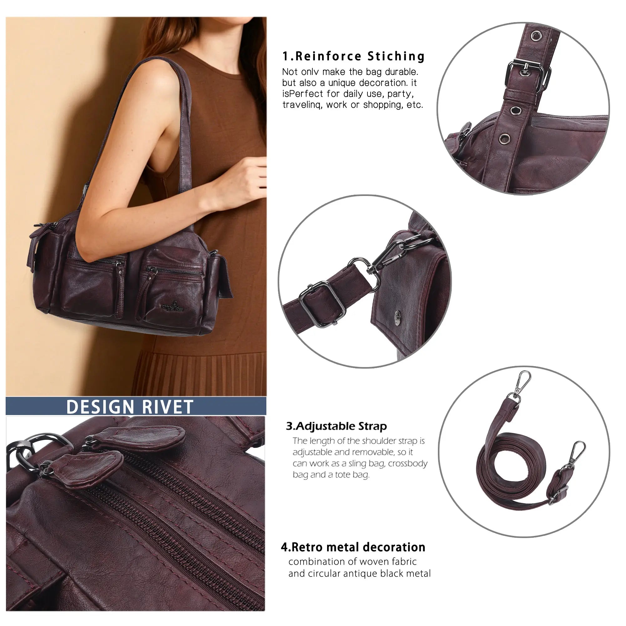 Multi-Pocket Bowling Shoulder Bag with Detachable Crossbody Strap