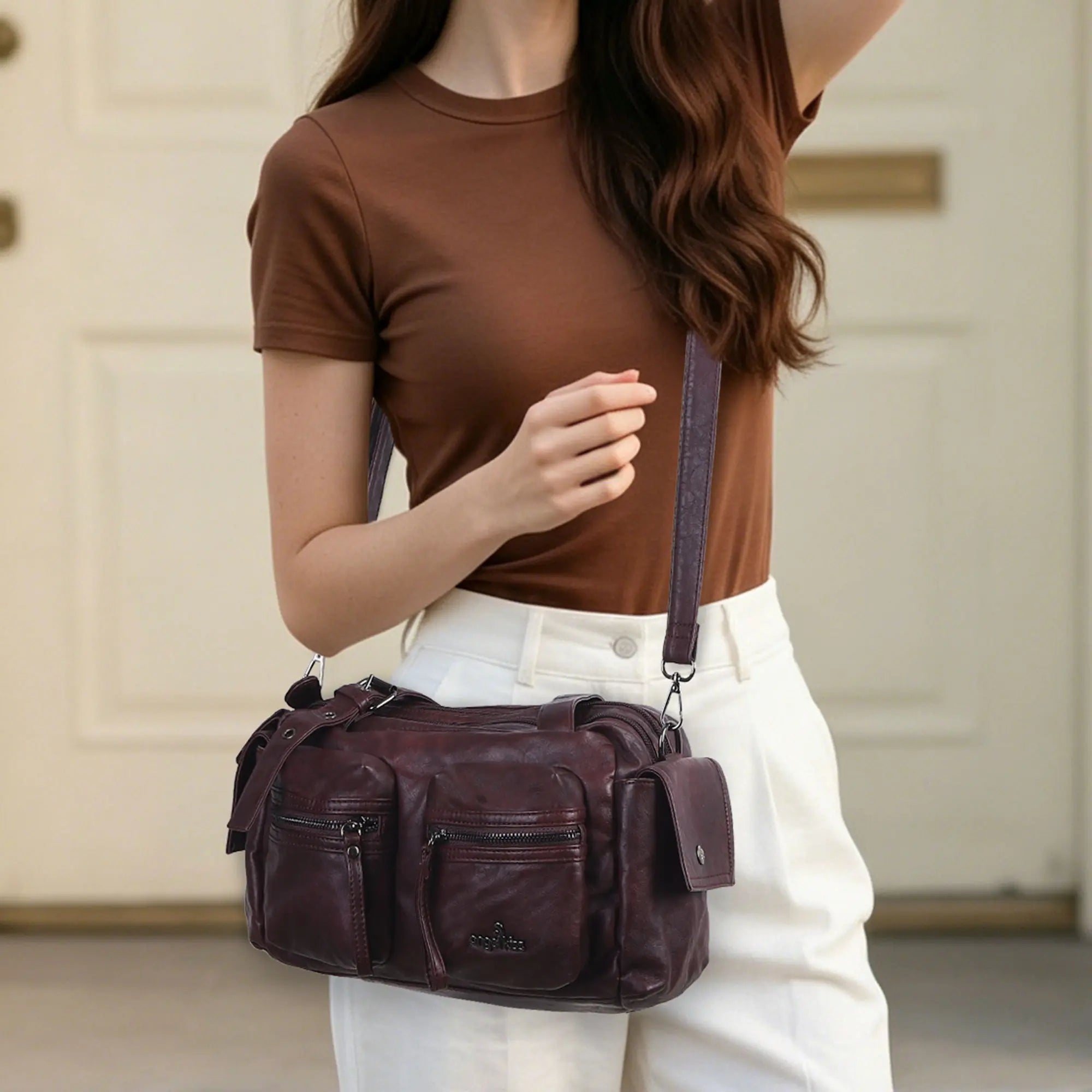 Multi-Pocket Bowling Shoulder Bag with Detachable Crossbody Strap