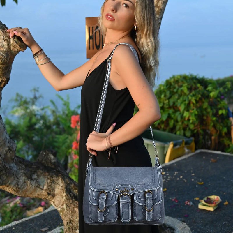 Vintage Washed Flap Shoulder Bag with Front Pockets