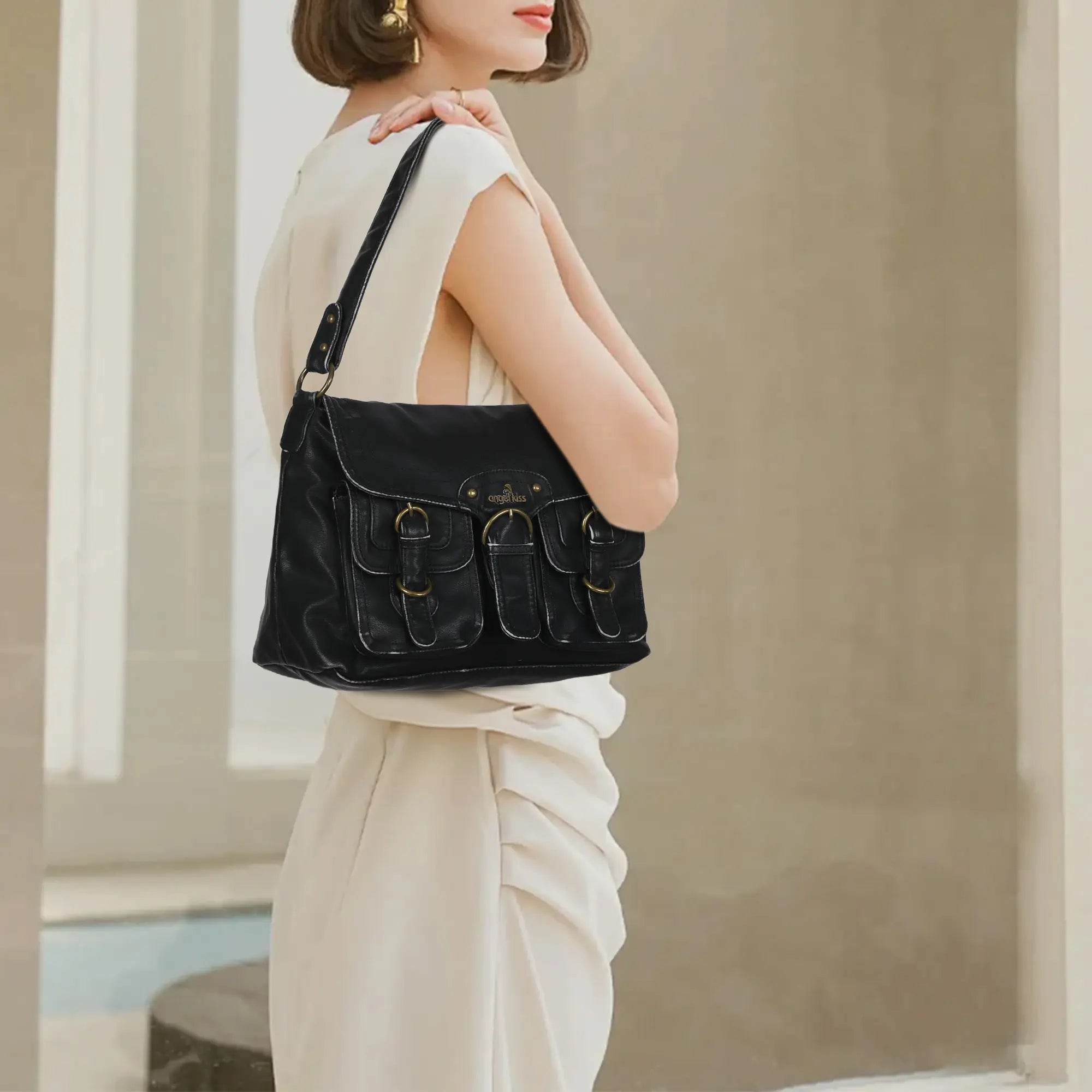 Vintage Washed Flap Shoulder Bag with Front Pockets