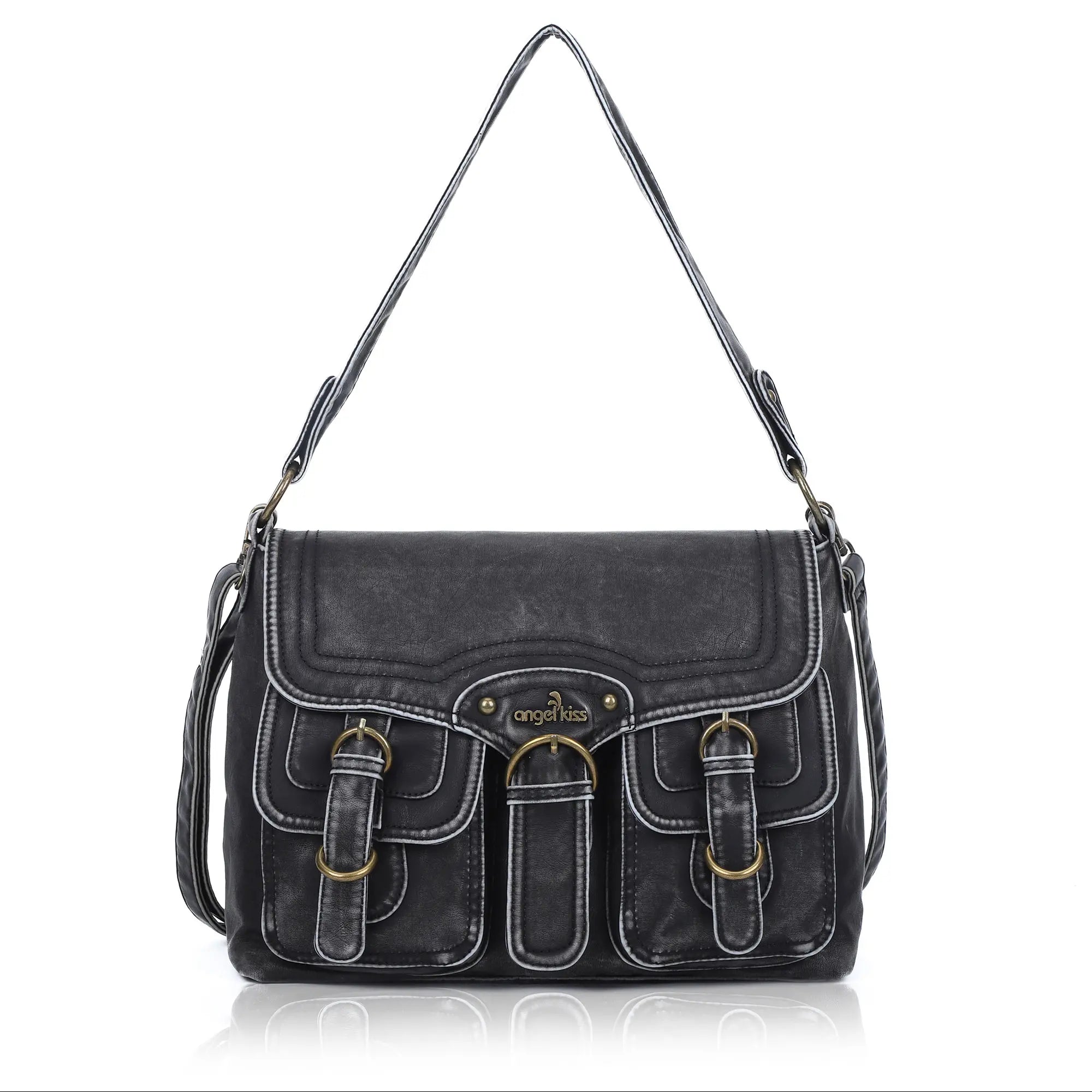 Vintage Washed Flap Shoulder Bag with Front Pockets