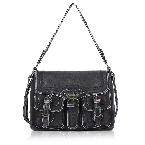 Vintage Washed Flap Shoulder Bag with Front Pockets