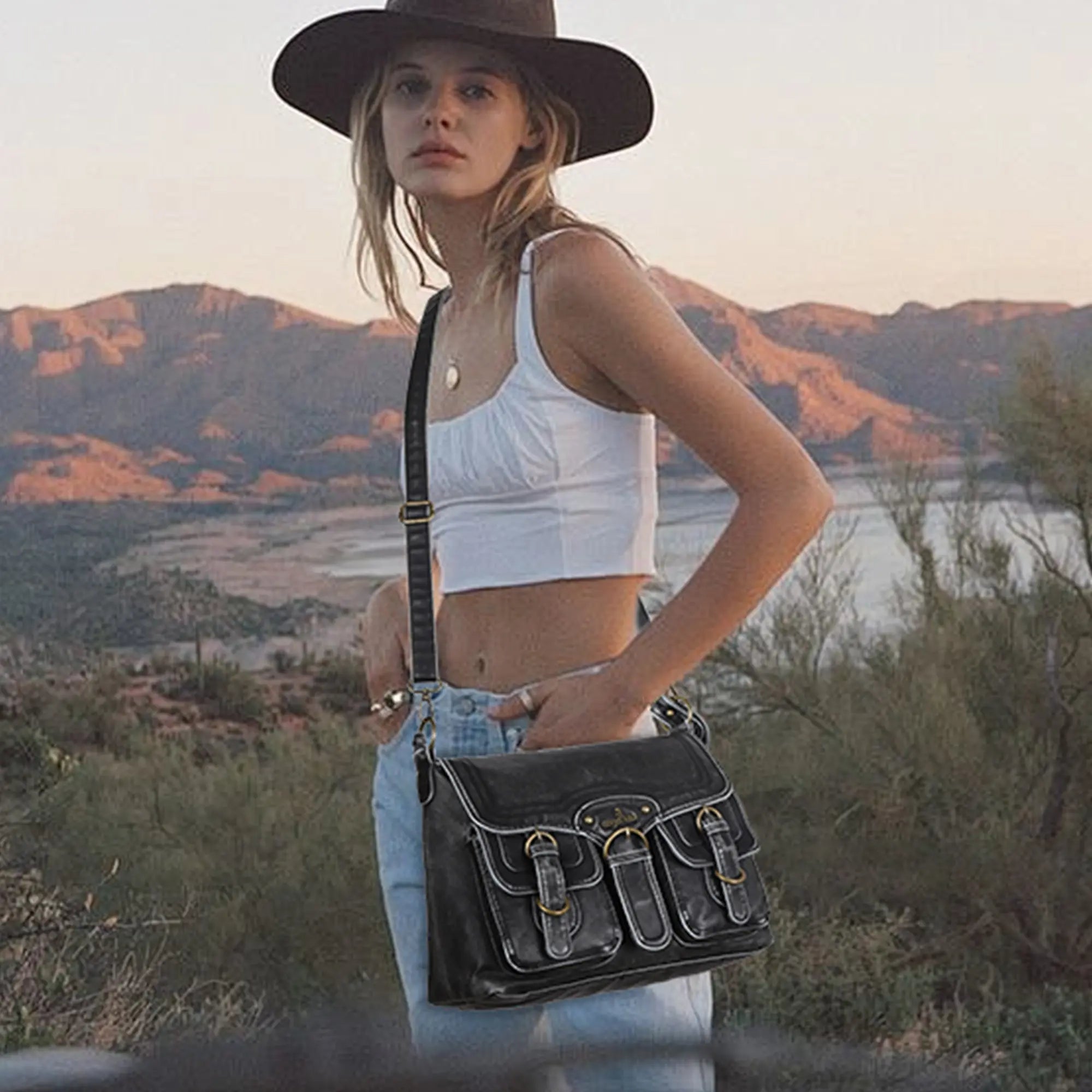 Vintage Washed Flap Shoulder Bag with Front Pockets