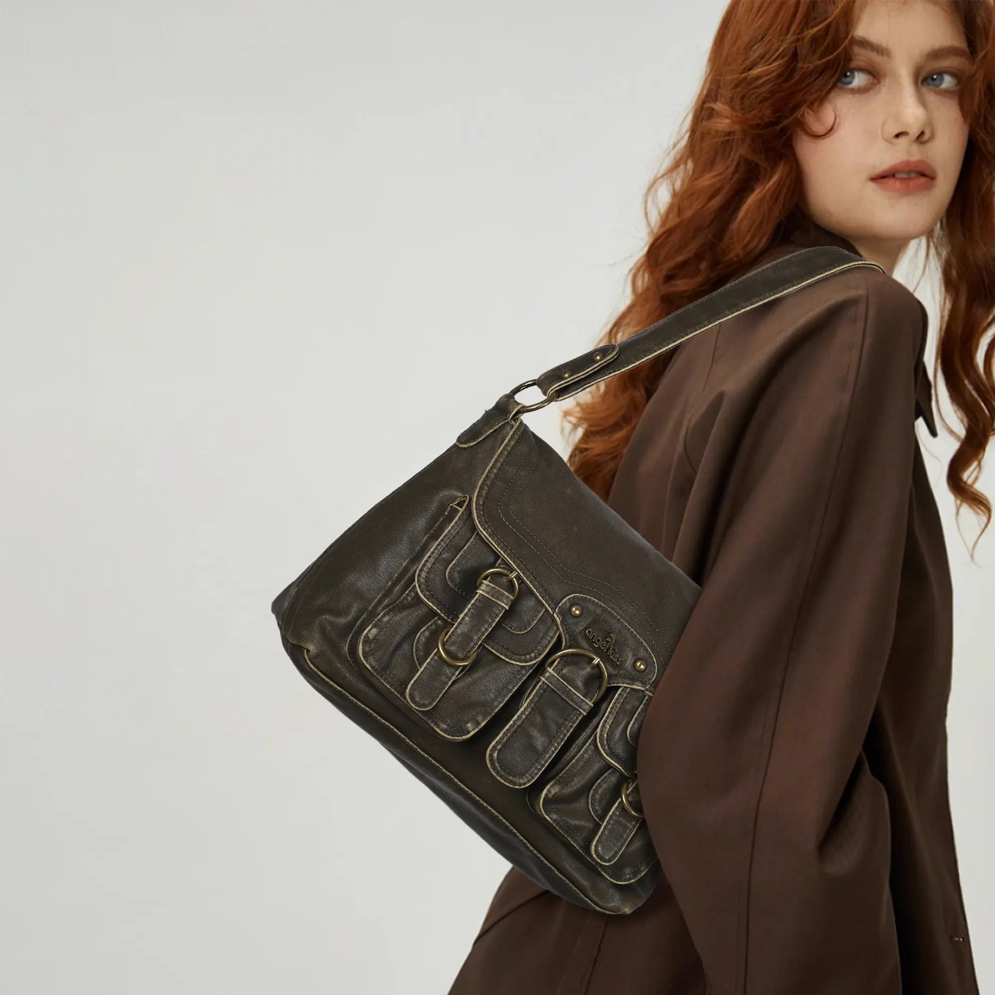 Vintage Washed Flap Shoulder Bag with Front Pockets