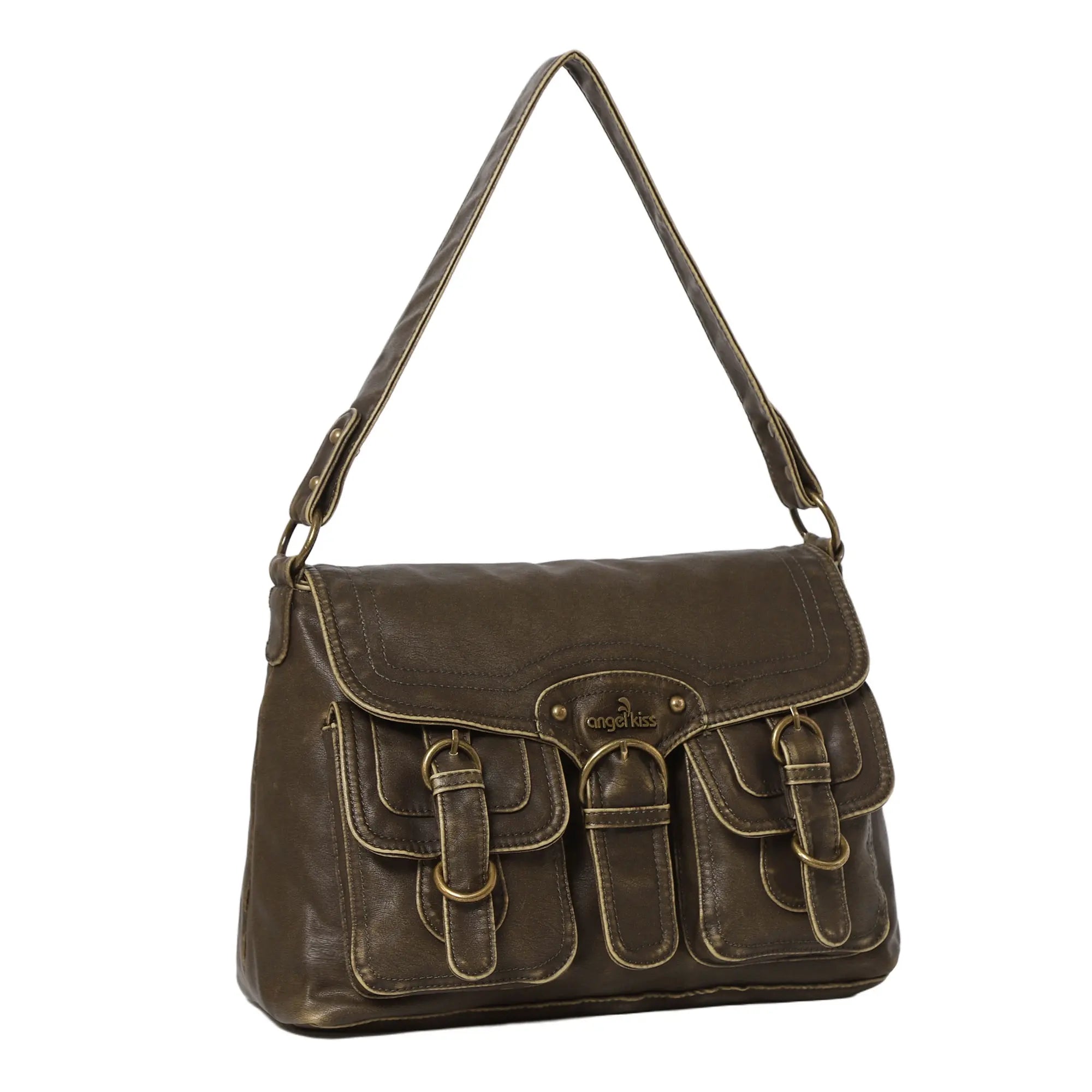 Vintage Washed Flap Shoulder Bag with Front Pockets