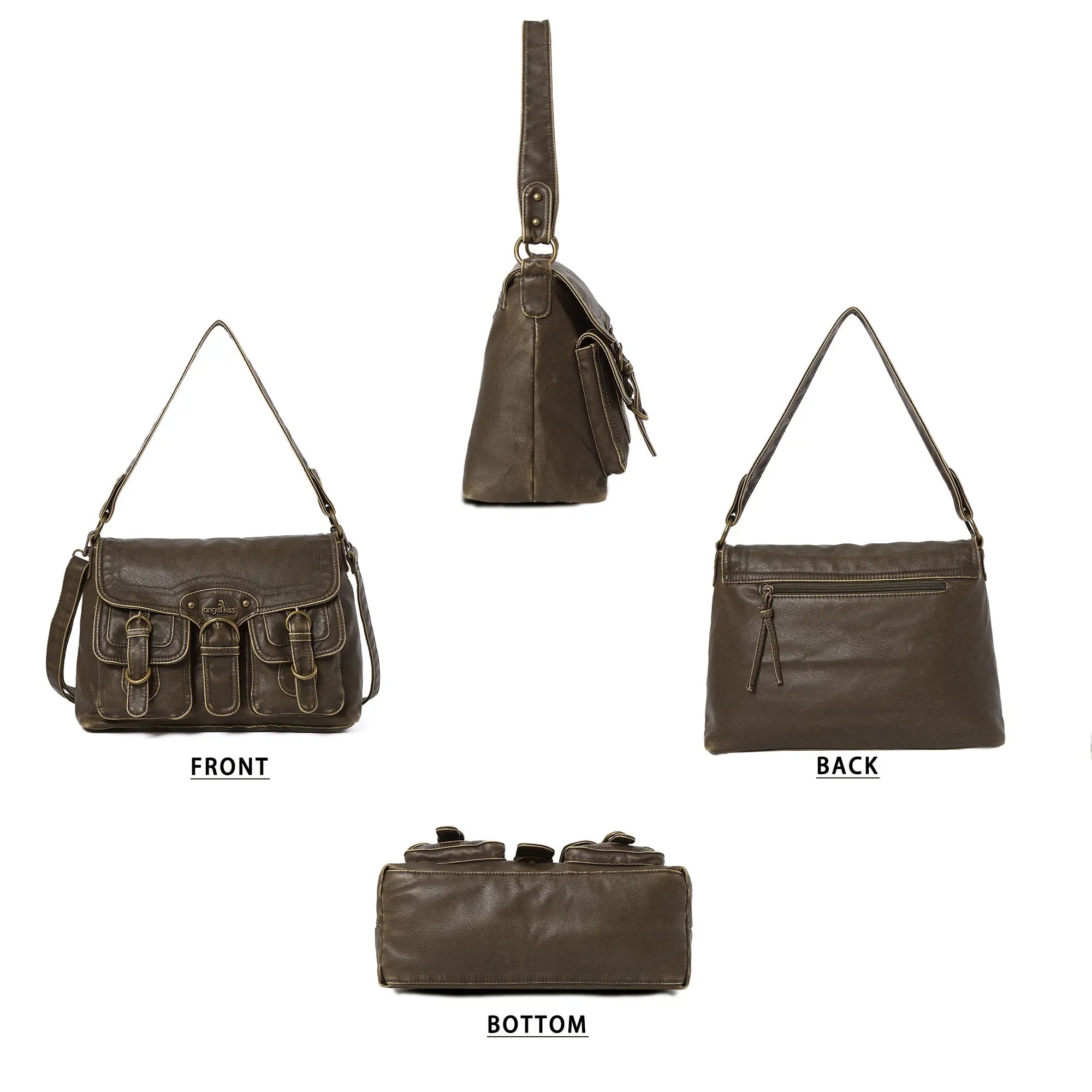 Vintage Washed Flap Shoulder Bag with Front Pockets