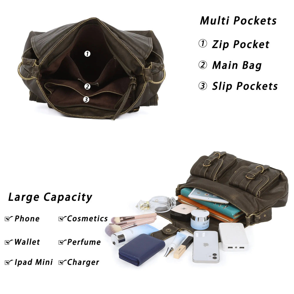 Vintage Washed Flap Shoulder Bag with Front Pockets