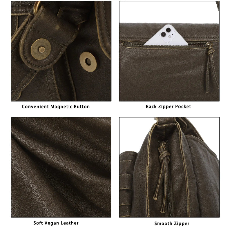 Vintage Washed Flap Shoulder Bag with Front Pockets