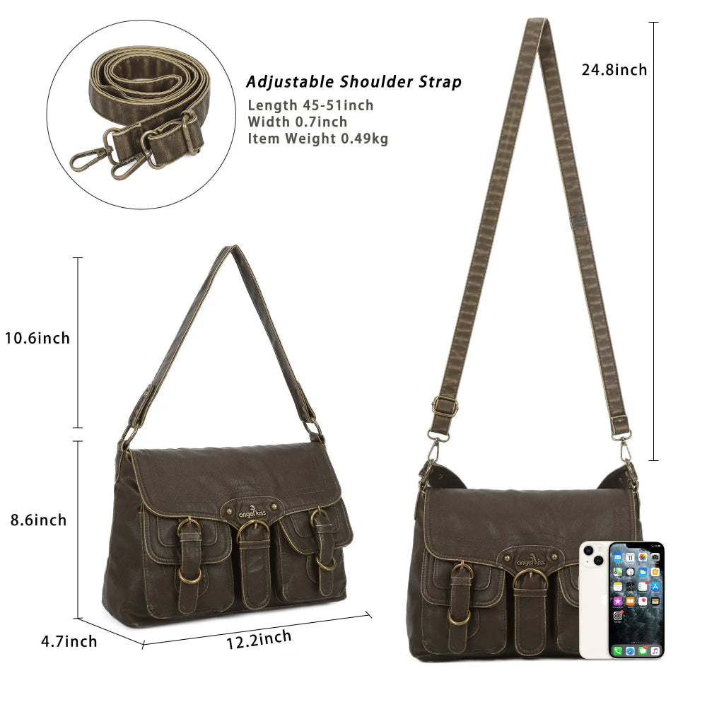 Vintage Washed Flap Shoulder Bag with Front Pockets