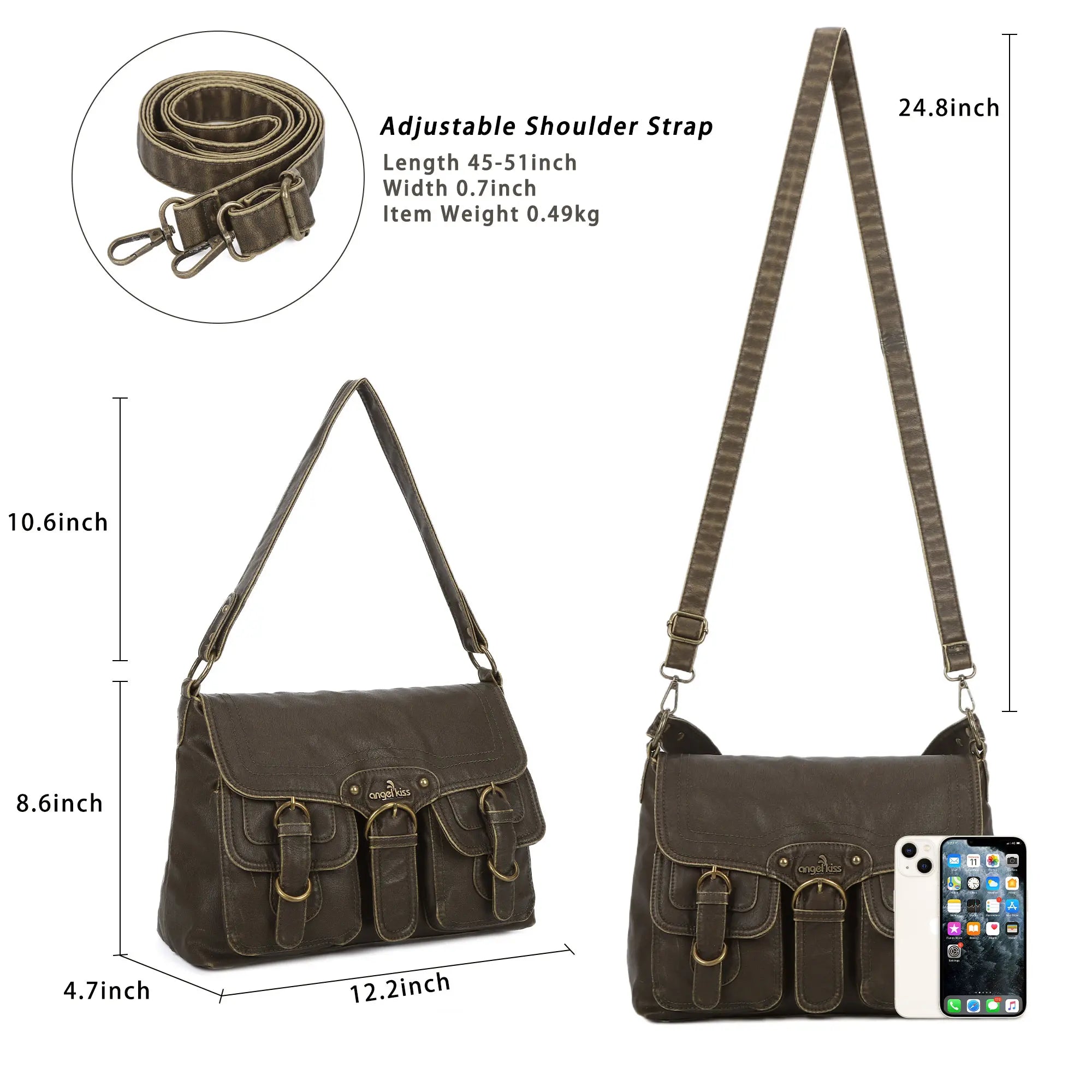 Vintage Washed Flap Shoulder Bag with Front Pockets