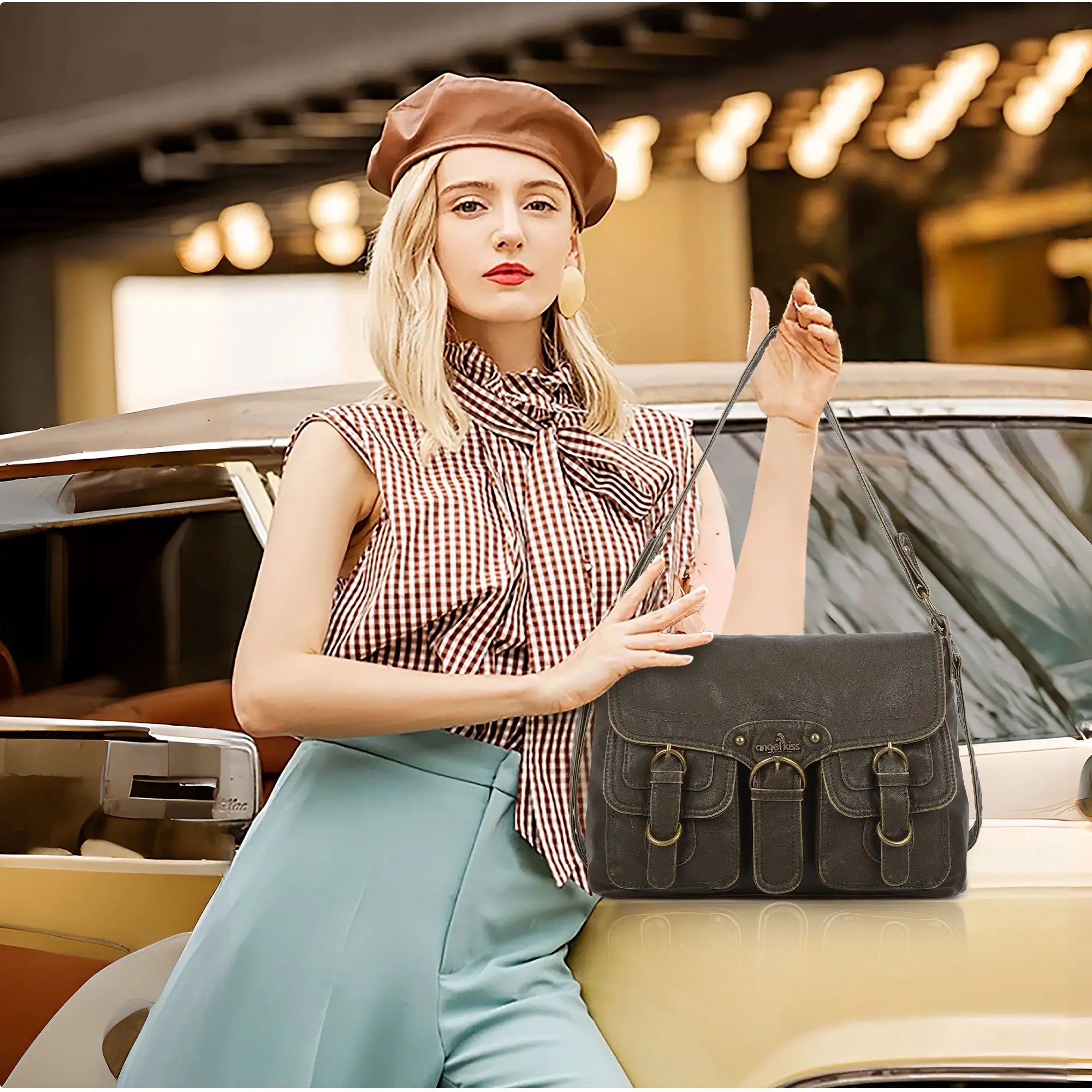 Vintage Washed Flap Shoulder Bag with Front Pockets