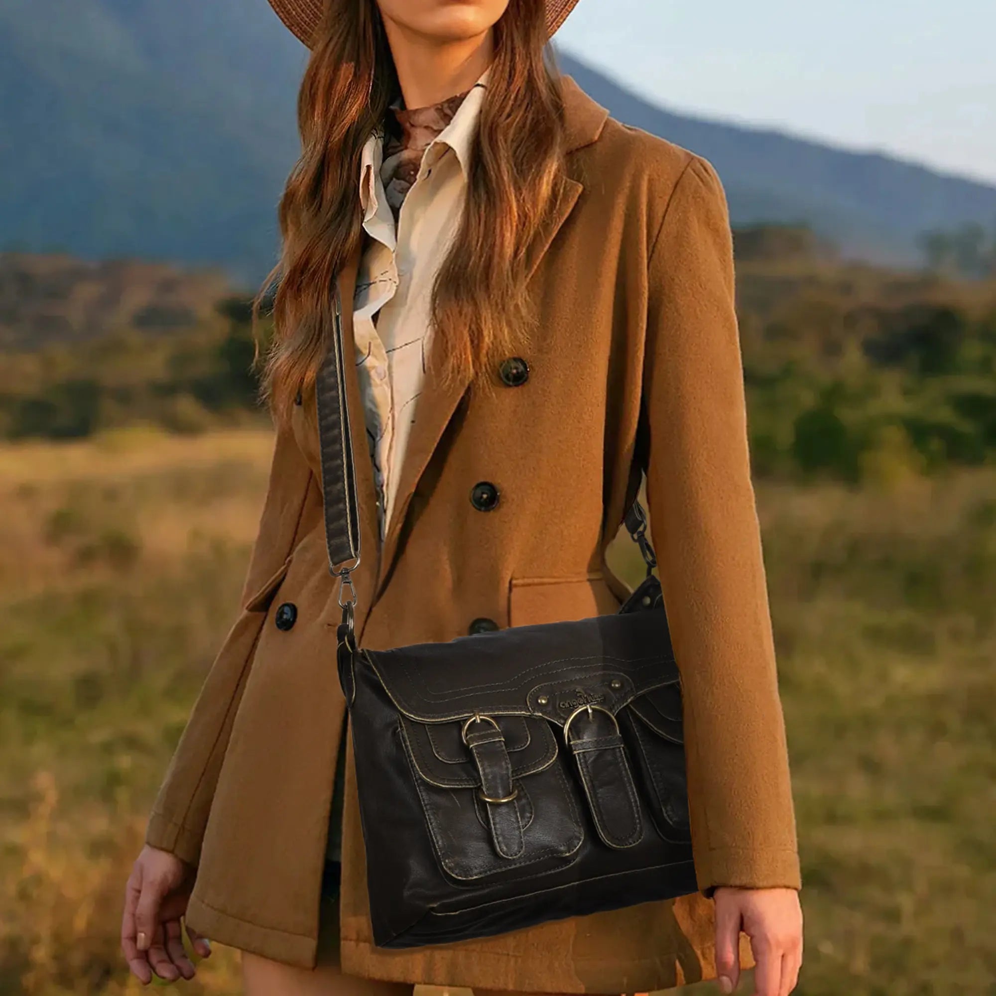 Vintage Washed Flap Shoulder Bag with Front Pockets