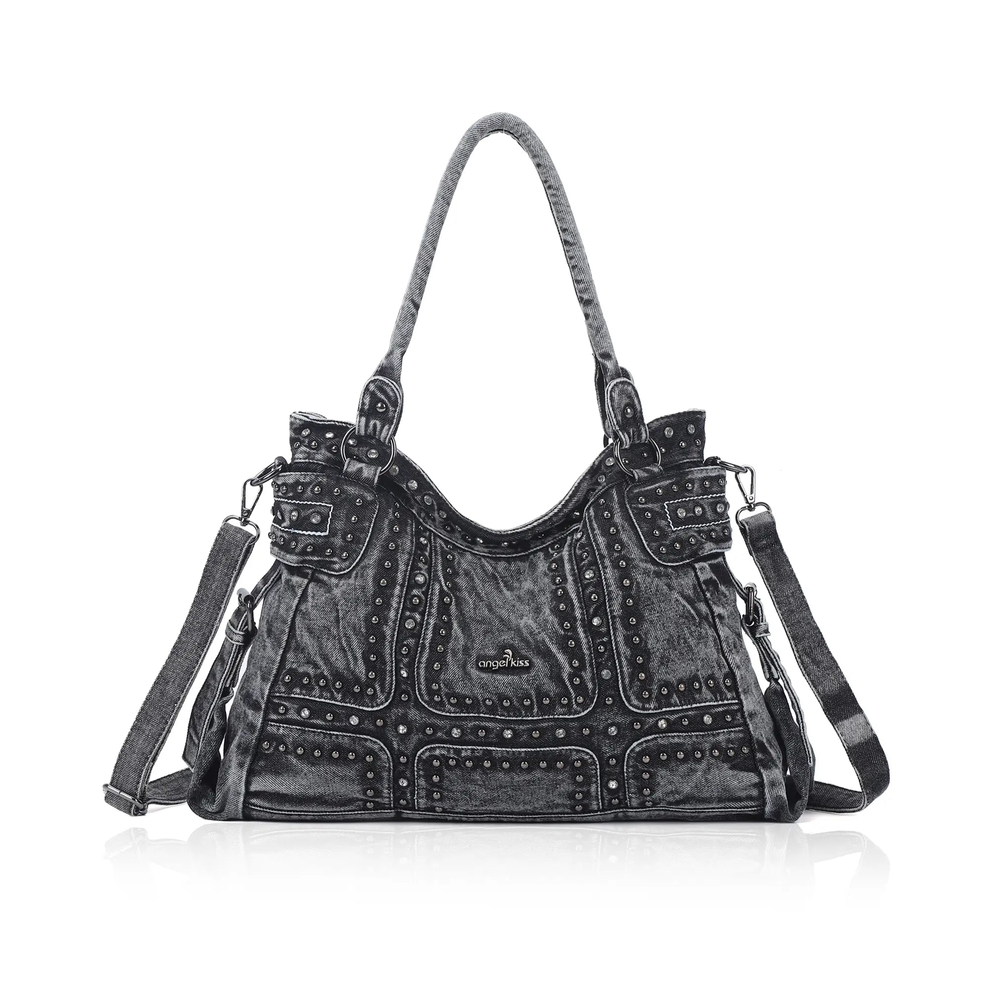 Large Washed Denim Studded Shoulder Crossbody Bag