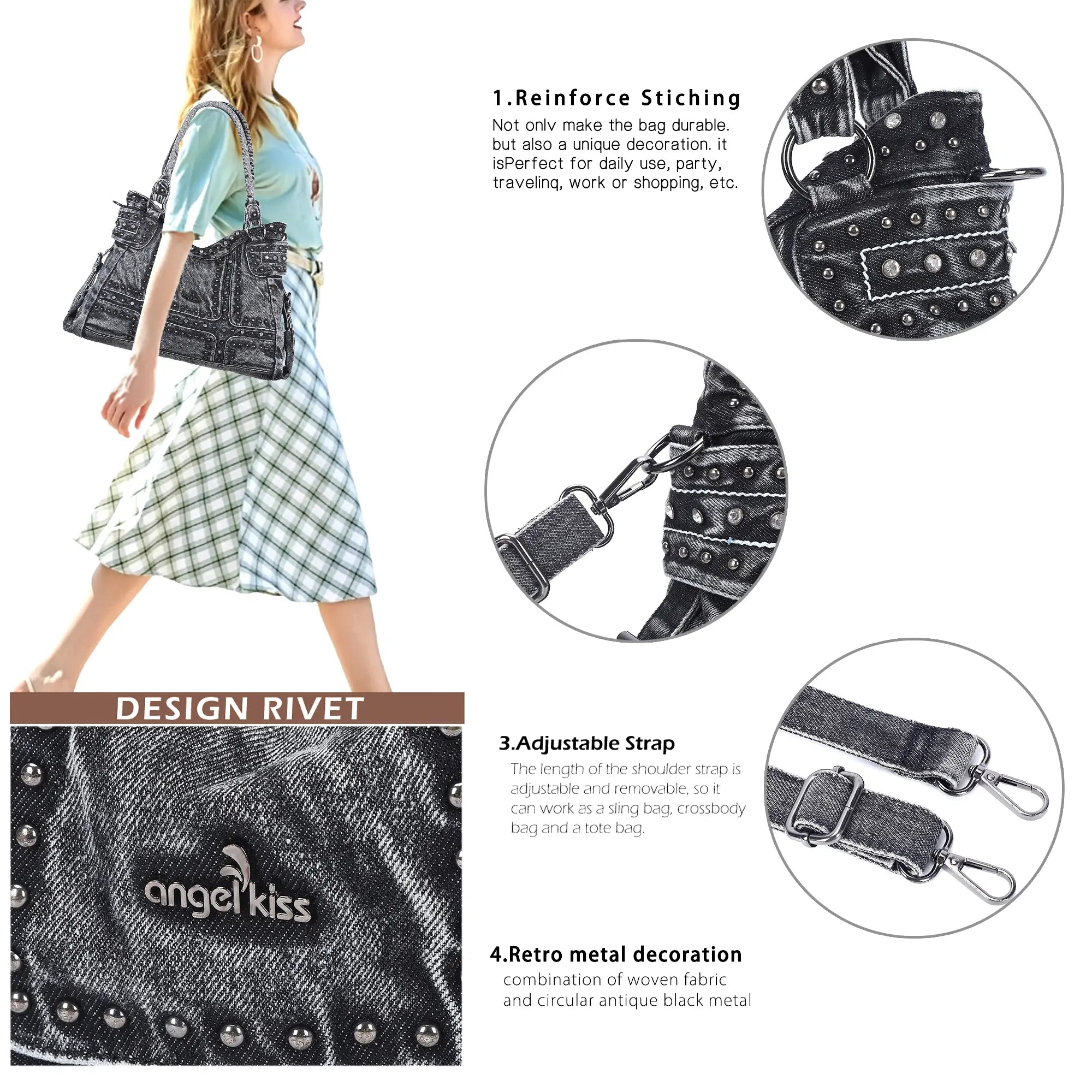 Vintage Denim Rivet Large Capacity Tote Shoulder Bag