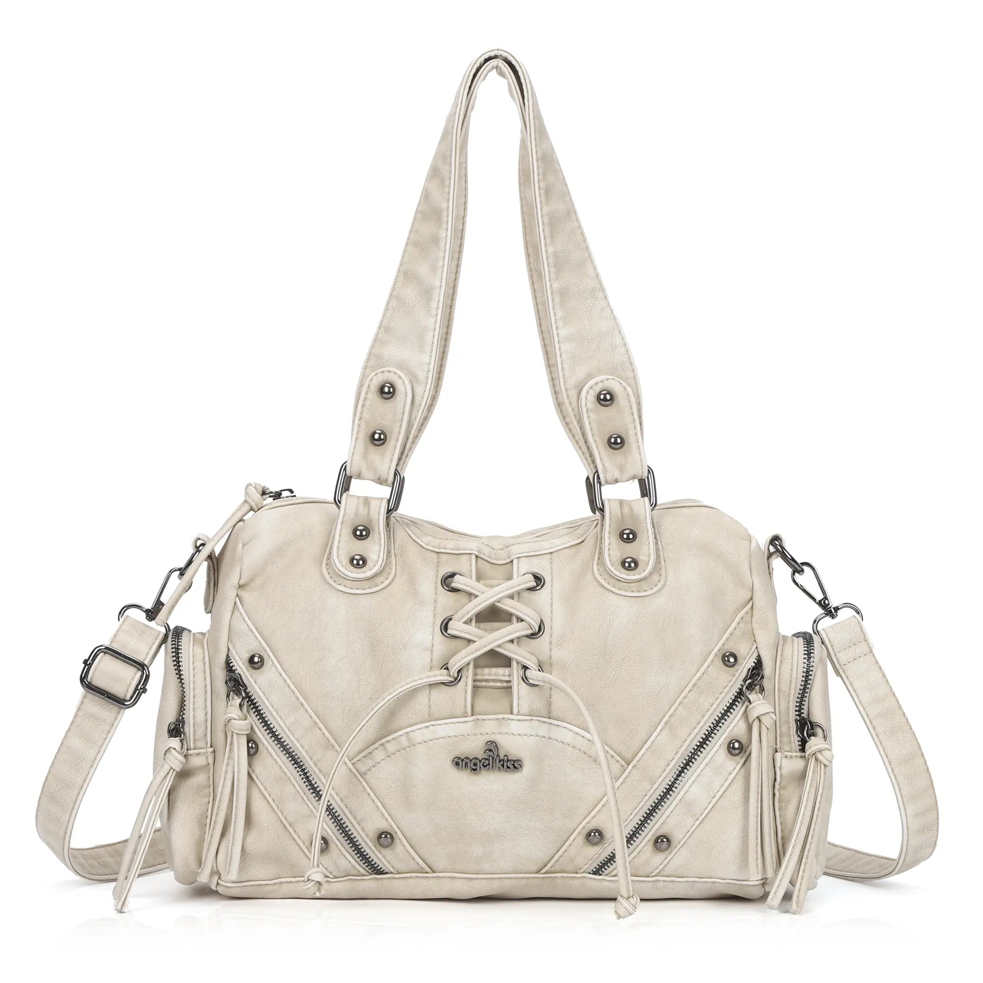 Vintage Multi-Pocket Shoulder Bag with Lace-Up Studded Details
