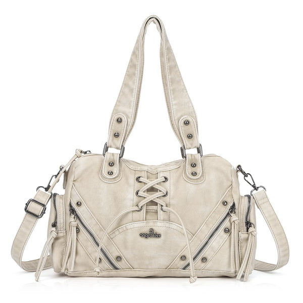 Vintage Multi-Pocket Shoulder Bag with Lace-Up Studded Details