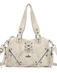 Vintage Multi-Pocket Shoulder Bag with Lace-Up Studded Details