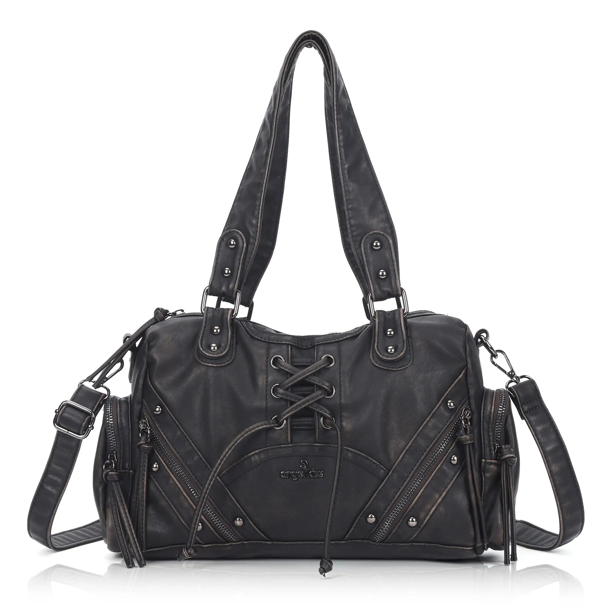 Vintage Multi-Pocket Shoulder Bag with Lace-Up Studded Details