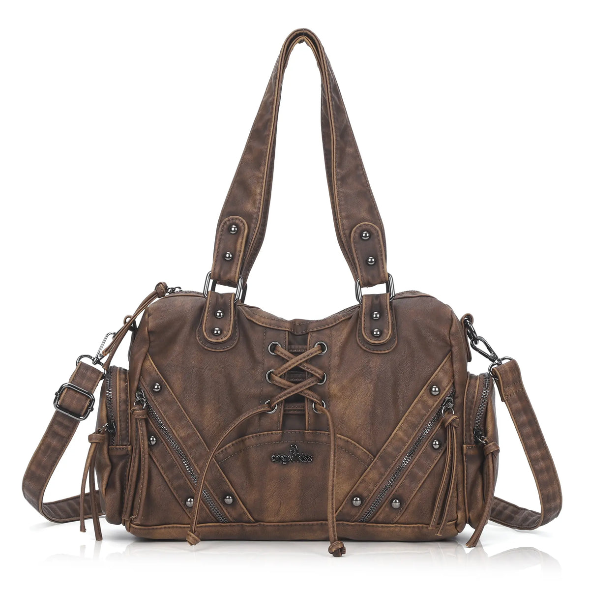 Vintage Multi-Pocket Shoulder Bag with Lace-Up Studded Details