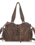 Vintage Multi-Pocket Shoulder Bag with Lace-Up Studded Details
