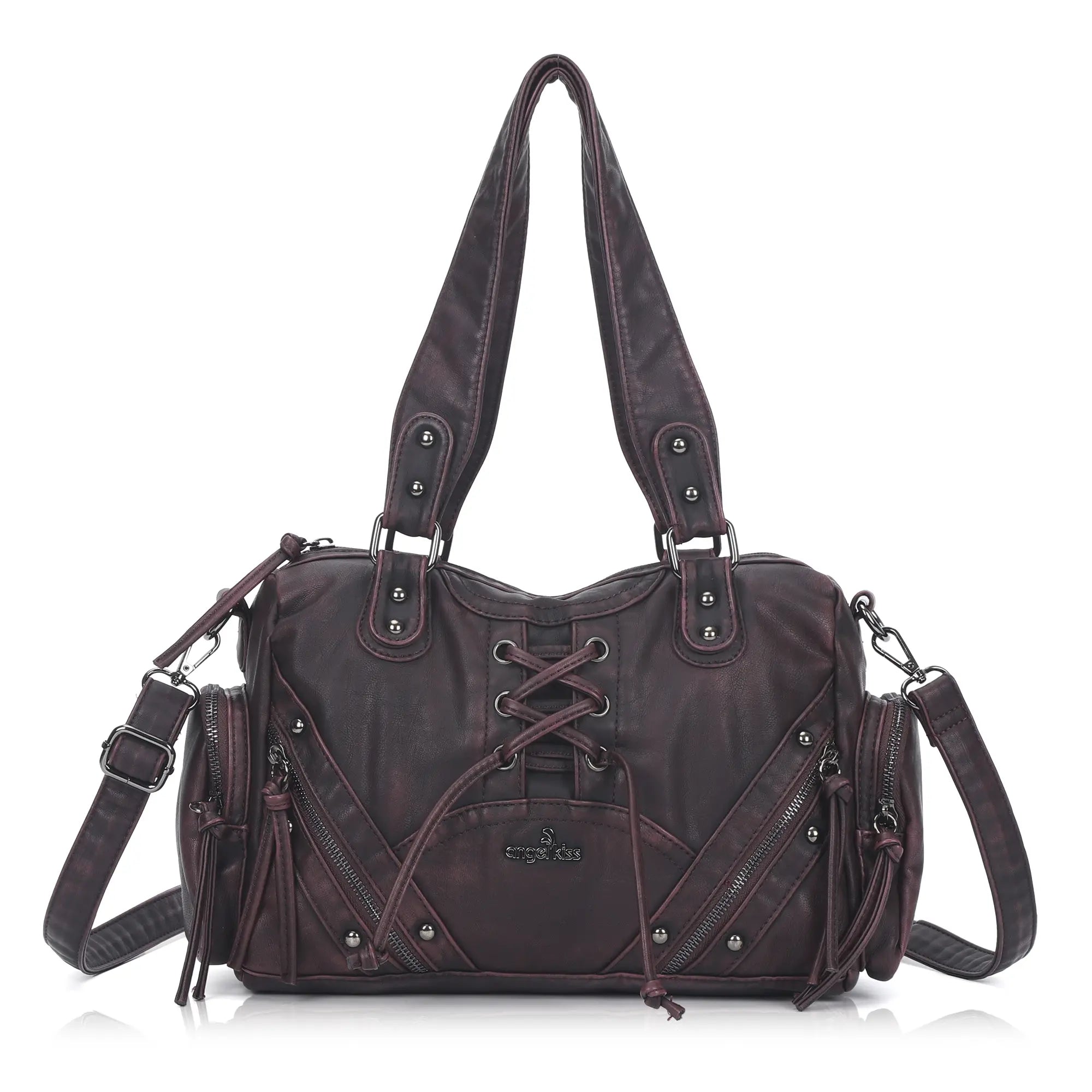Vintage Multi-Pocket Shoulder Bag with Lace-Up Studded Details