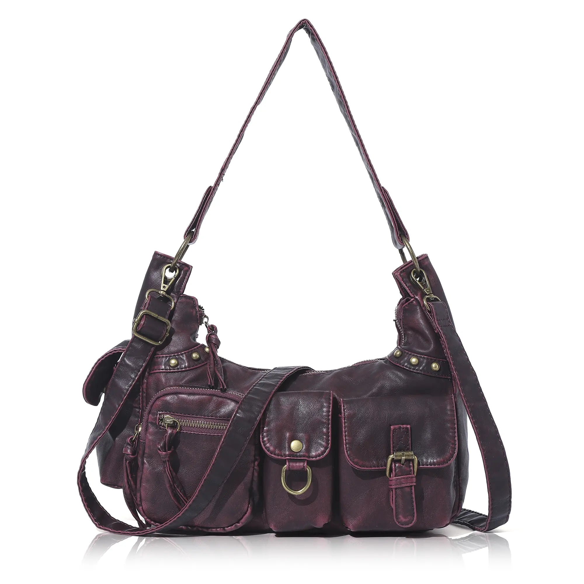 Vintage-Inspired Vegan Leather Shoulder Bag with Multi-Pocket Design