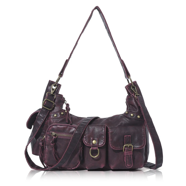 Vintage-Inspired Vegan Leather Shoulder Bag with Multi-Pocket Design
