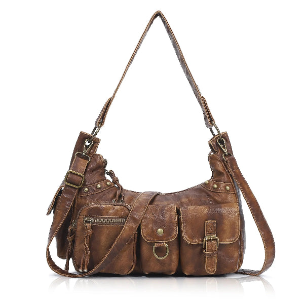 Vintage-Inspired Vegan Leather Shoulder Bag with Multi-Pocket Design