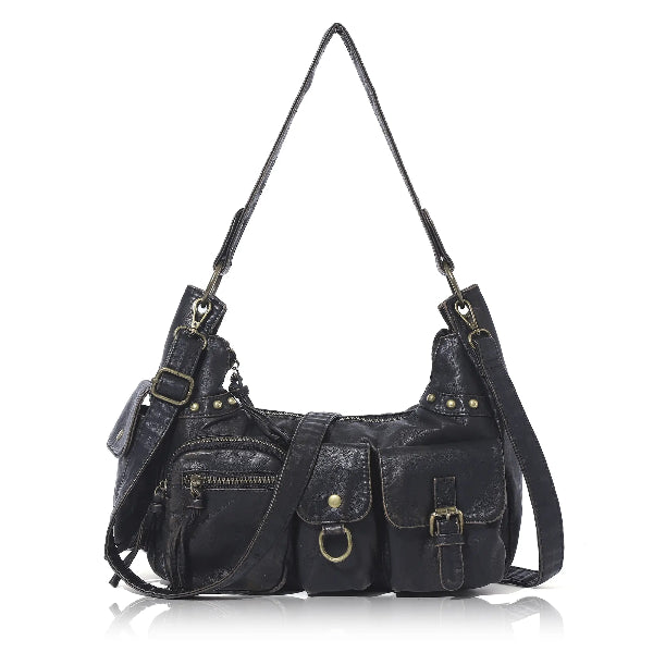 Vintage-Inspired Vegan Leather Shoulder Bag with Multi-Pocket Design