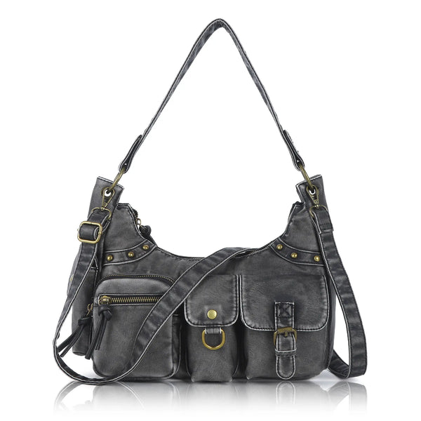 Vintage-Inspired Vegan Leather Shoulder Bag with Multi-Pocket Design