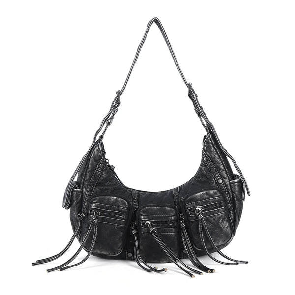 Trendy Washed Burgundy Shoulder Bag – Tassel Accent Women’s Hobo Vintage Style Purse