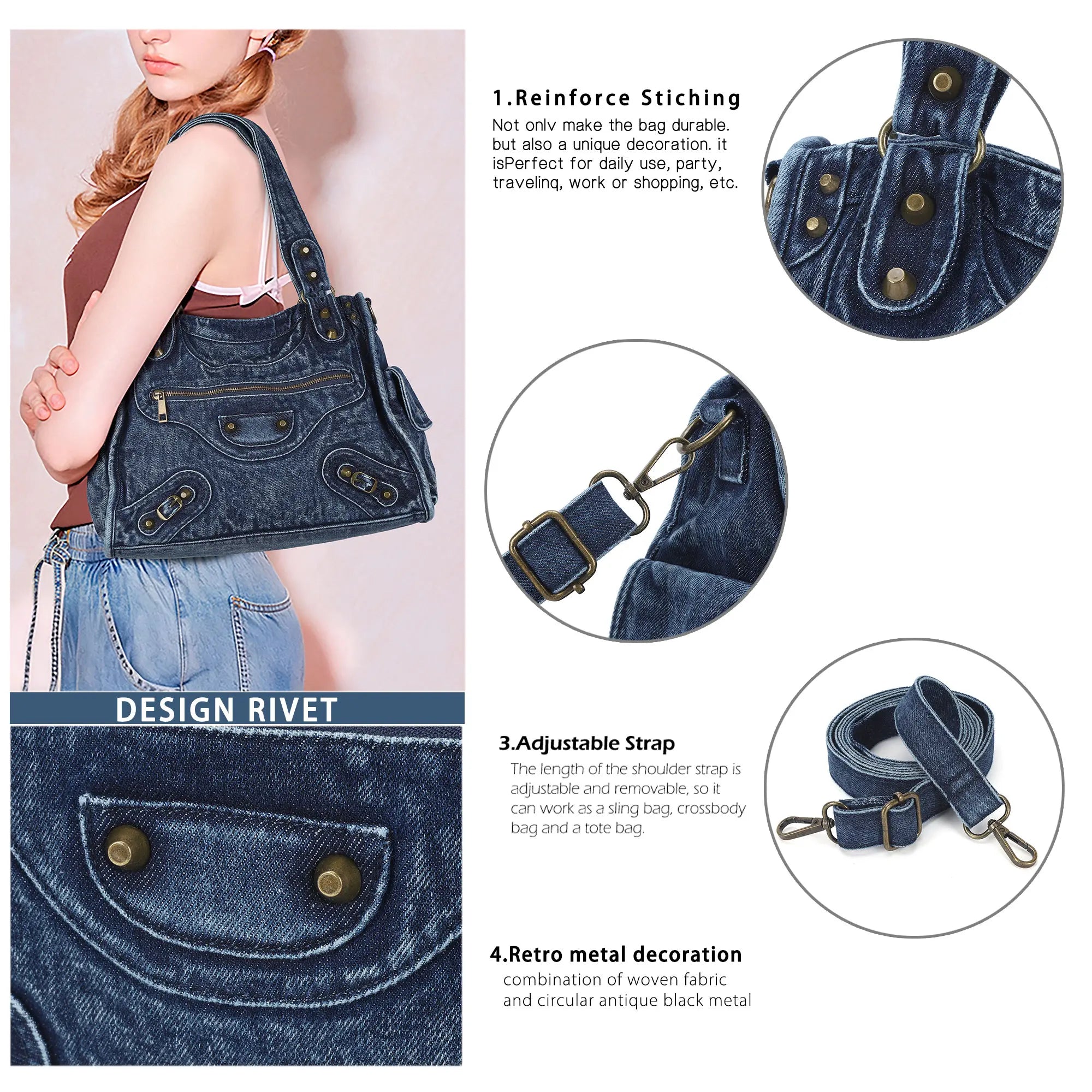 Washed Blue Denim Shoulder Bag - Angelkiss  handbag