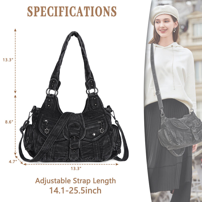 Women's Vintage Denim Multi-compartment High Capacity Hobo Bag | Angel Kiss Bag