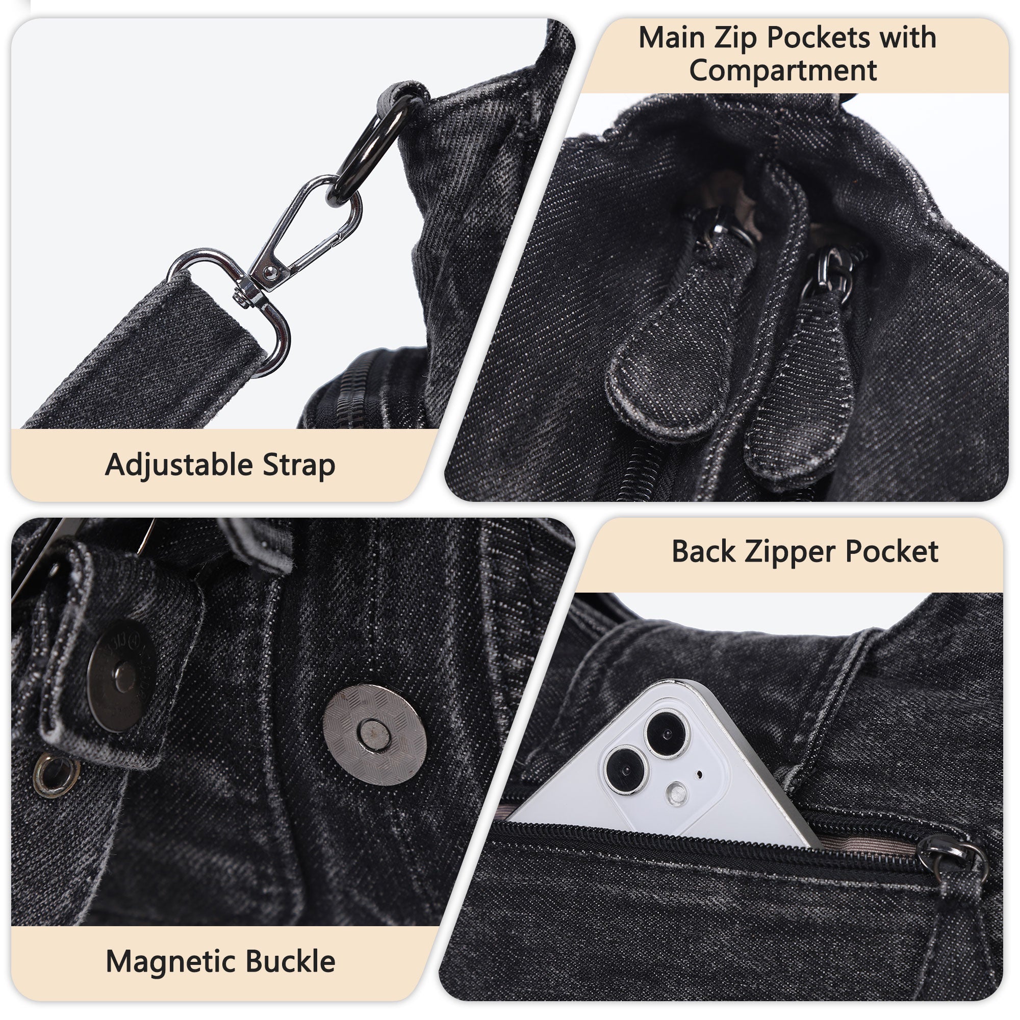 Women's Vintage Denim Multi-compartment High Capacity Hobo Bag