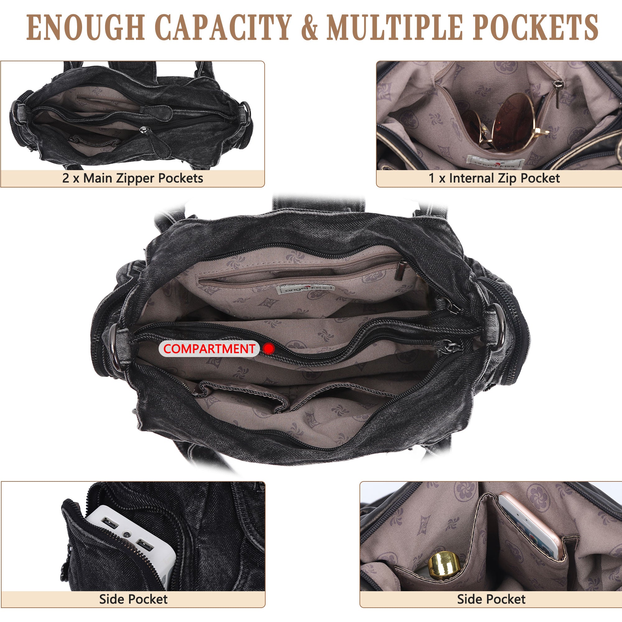 Black Washed Denim Multi-Pocket Shoulder Crossbody Bag for Women