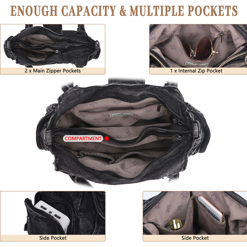 Women's Vintage Denim Multi-compartment High Capacity Hobo Bag | Angel Kiss Bag