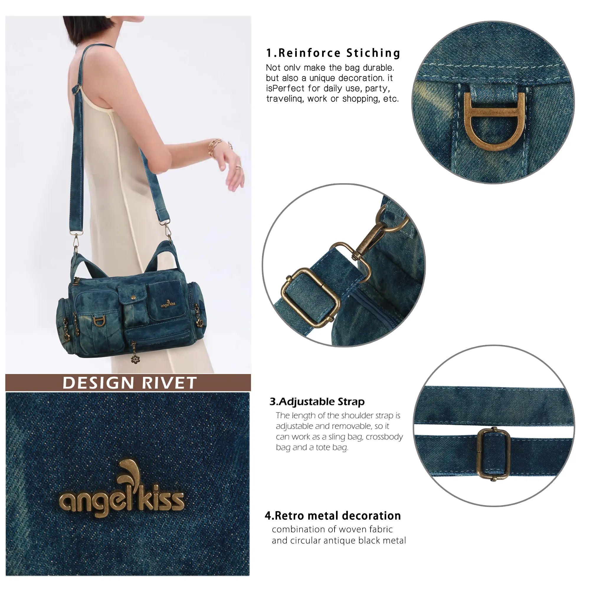 European Washed Denim Tote – 3-in-1 Handbag, Shoulder Bag &amp; Wallet