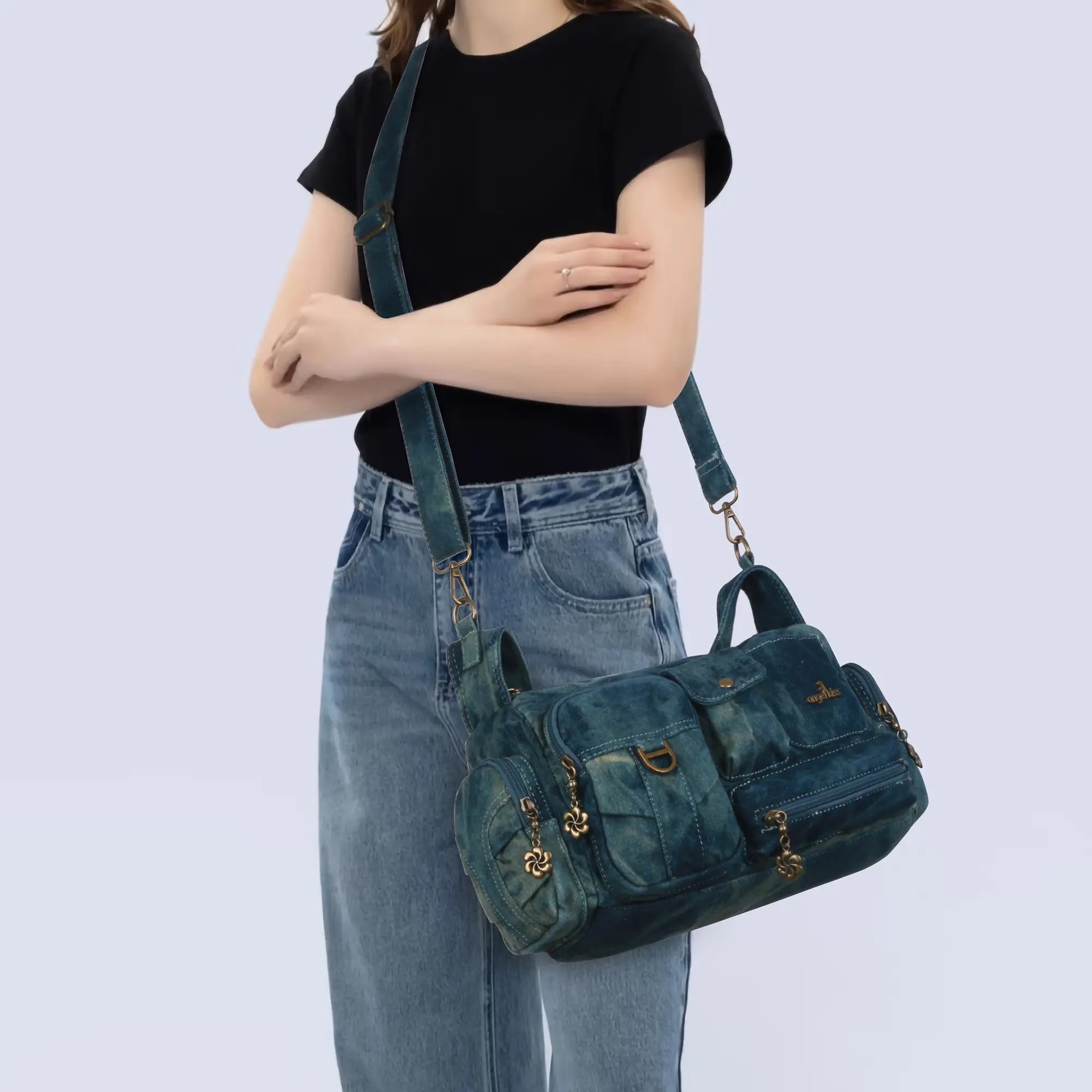 European Washed Denim Tote – 3-in-1 Handbag, Shoulder Bag &amp; Wallet