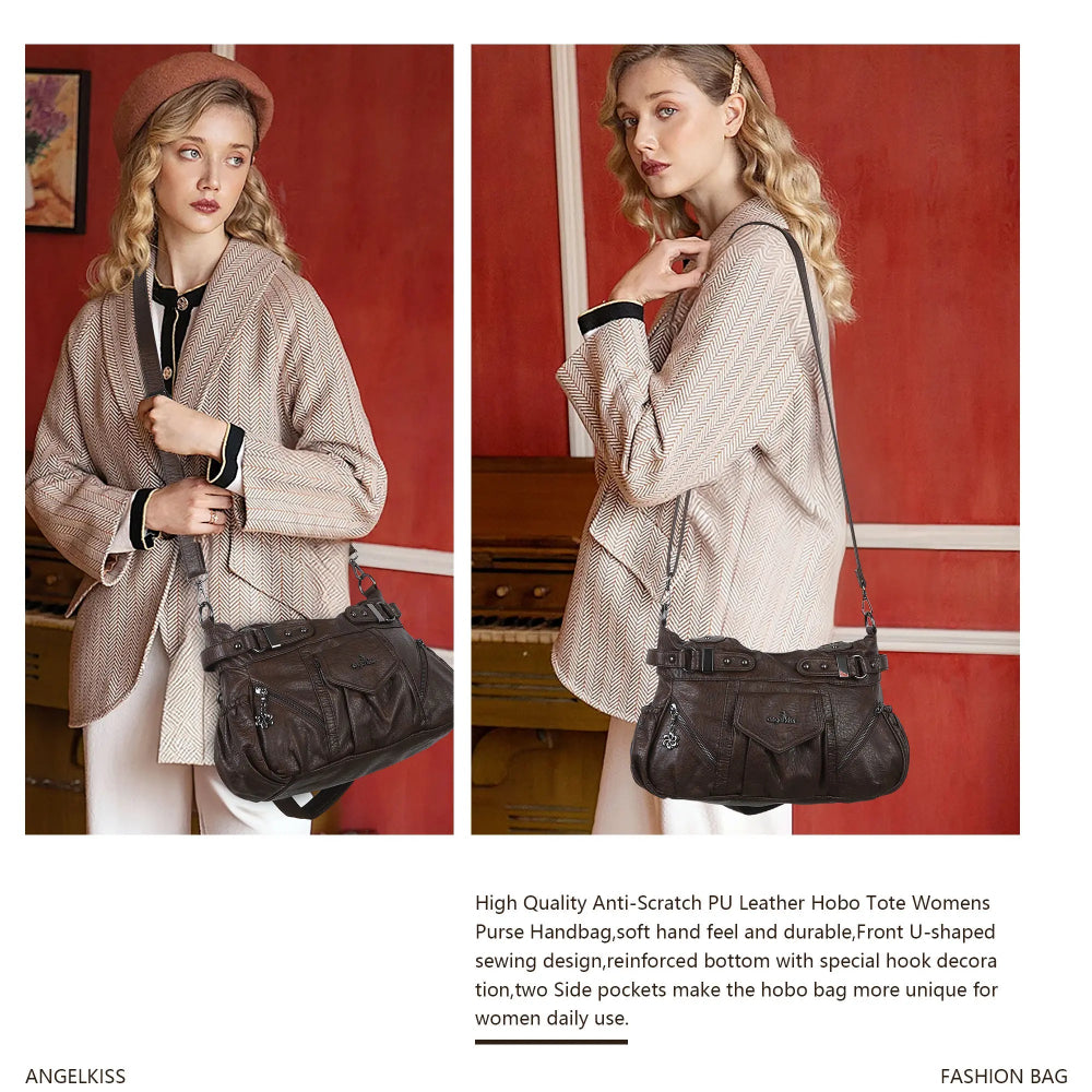 Multi-Pocket Vegan Leather Tote Crossbody Bag | 5 Colors Available