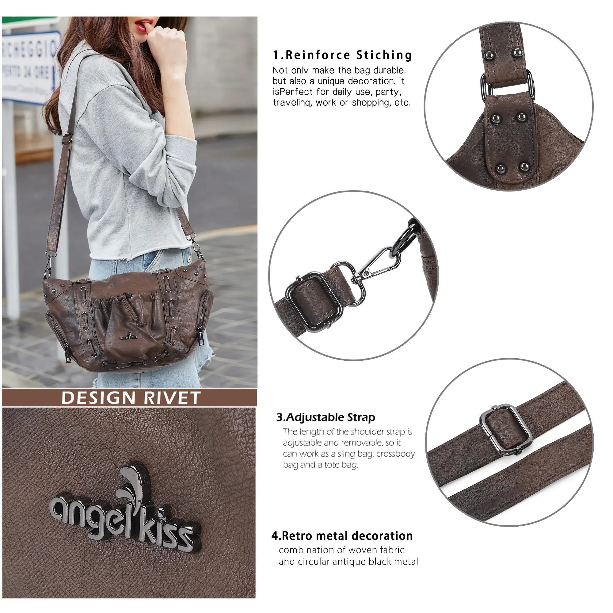 Classic Multi-Color Drawstring Rivet Vintage Shoulder Crossbody Bag
