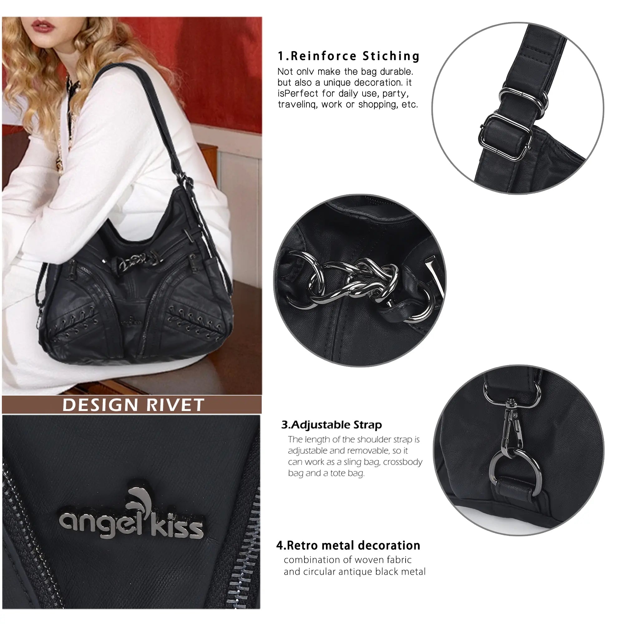 Angelkiss Vintage PU Leather Multi-Pocket Shoulder Handbag