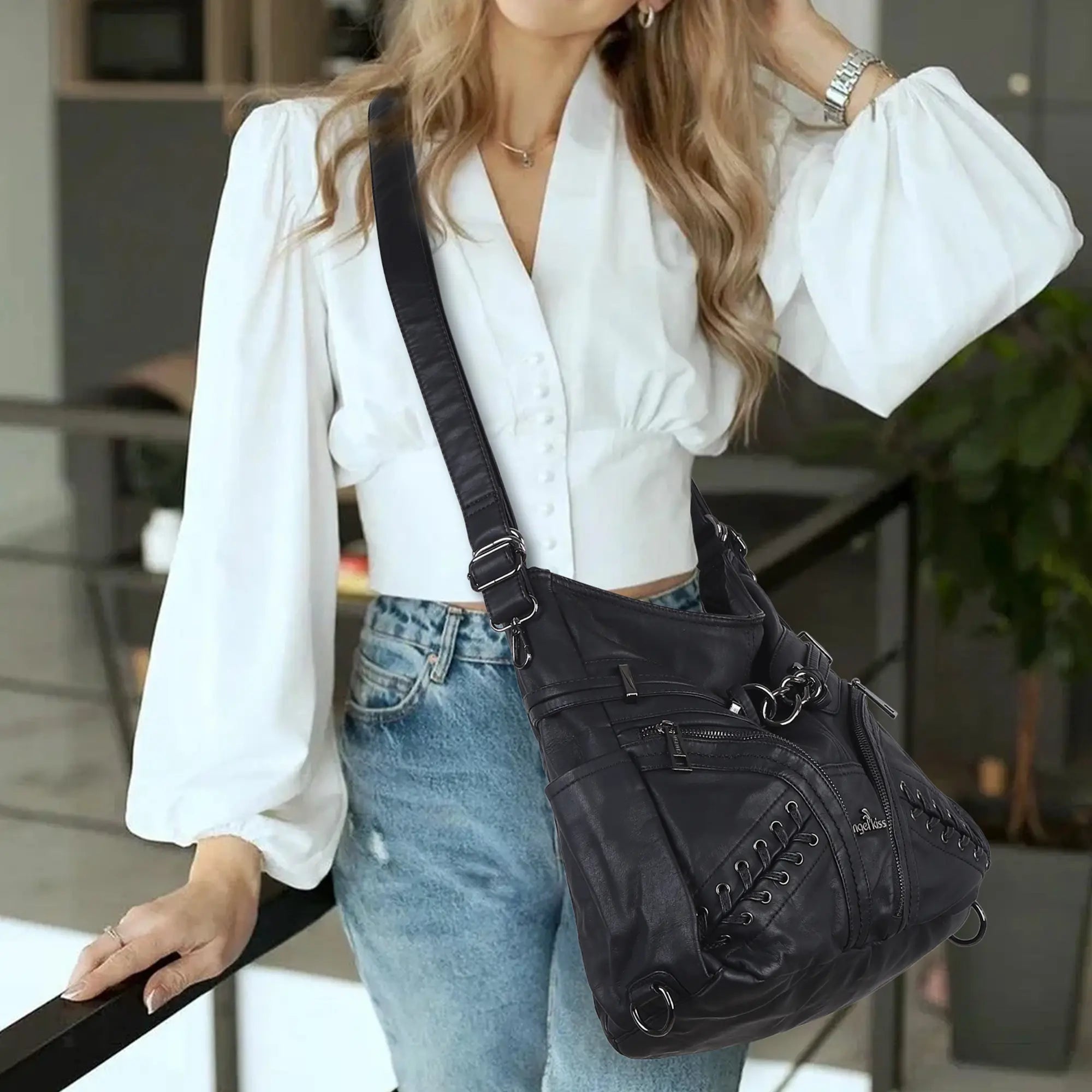 Angelkiss Vintage PU Leather Multi-Pocket Shoulder Handbag