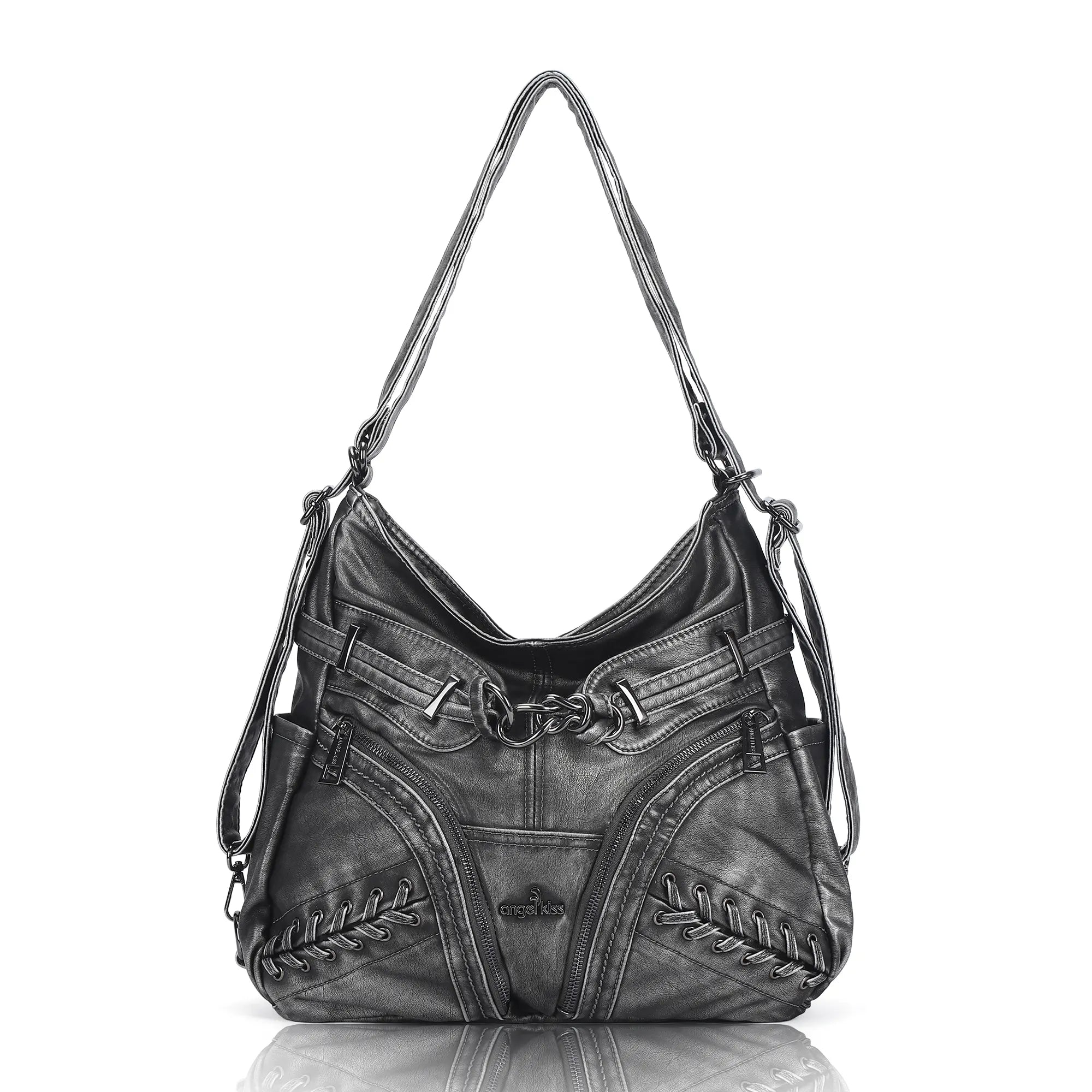 Angelkiss Vintage PU Leather Multi-Pocket Shoulder Handbag
