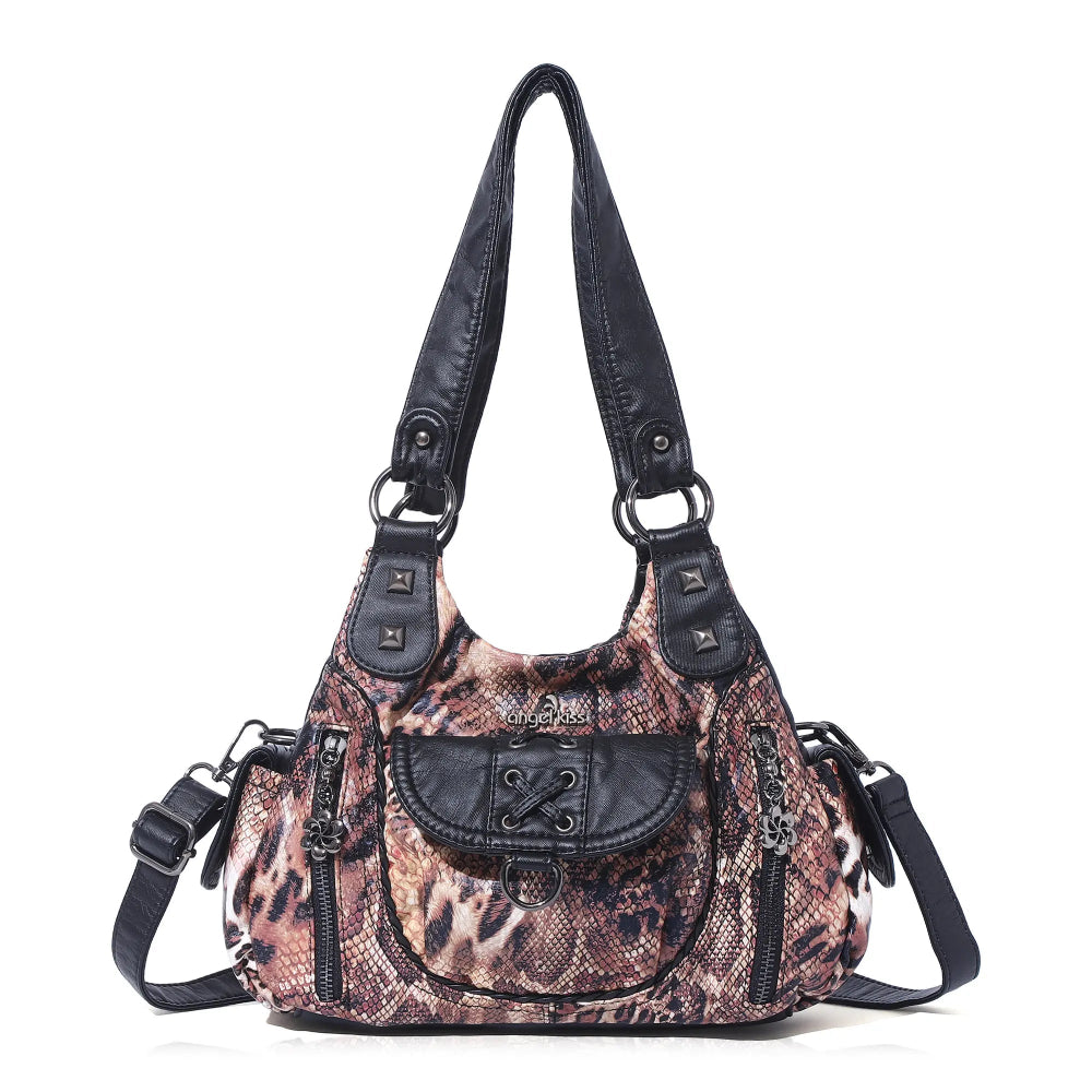 Angelkiss Women’s Vegan Leather Shoulder Handbag – Multi-Pocket Vintage Tote Bag with Adjustable Strap