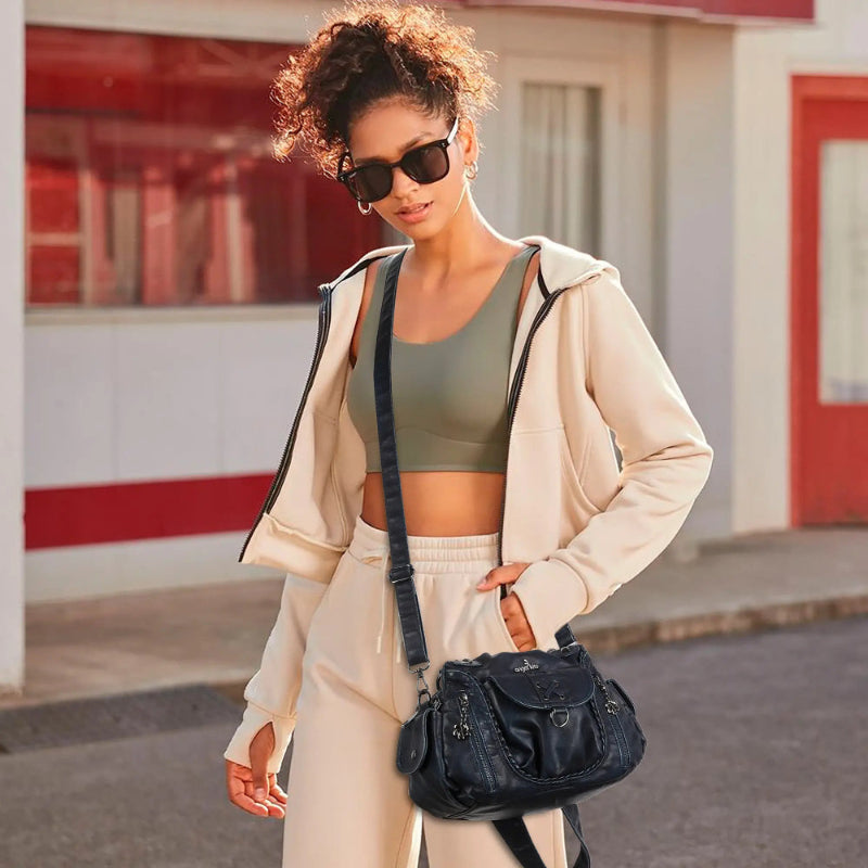 Angelkiss Women’s Vegan Leather Shoulder Handbag – Multi-Pocket Vintage Tote Bag with Adjustable Strap