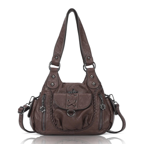 Vegan Leather Shoulder Handbag – Vintage Multi-Pocket Tote Bag