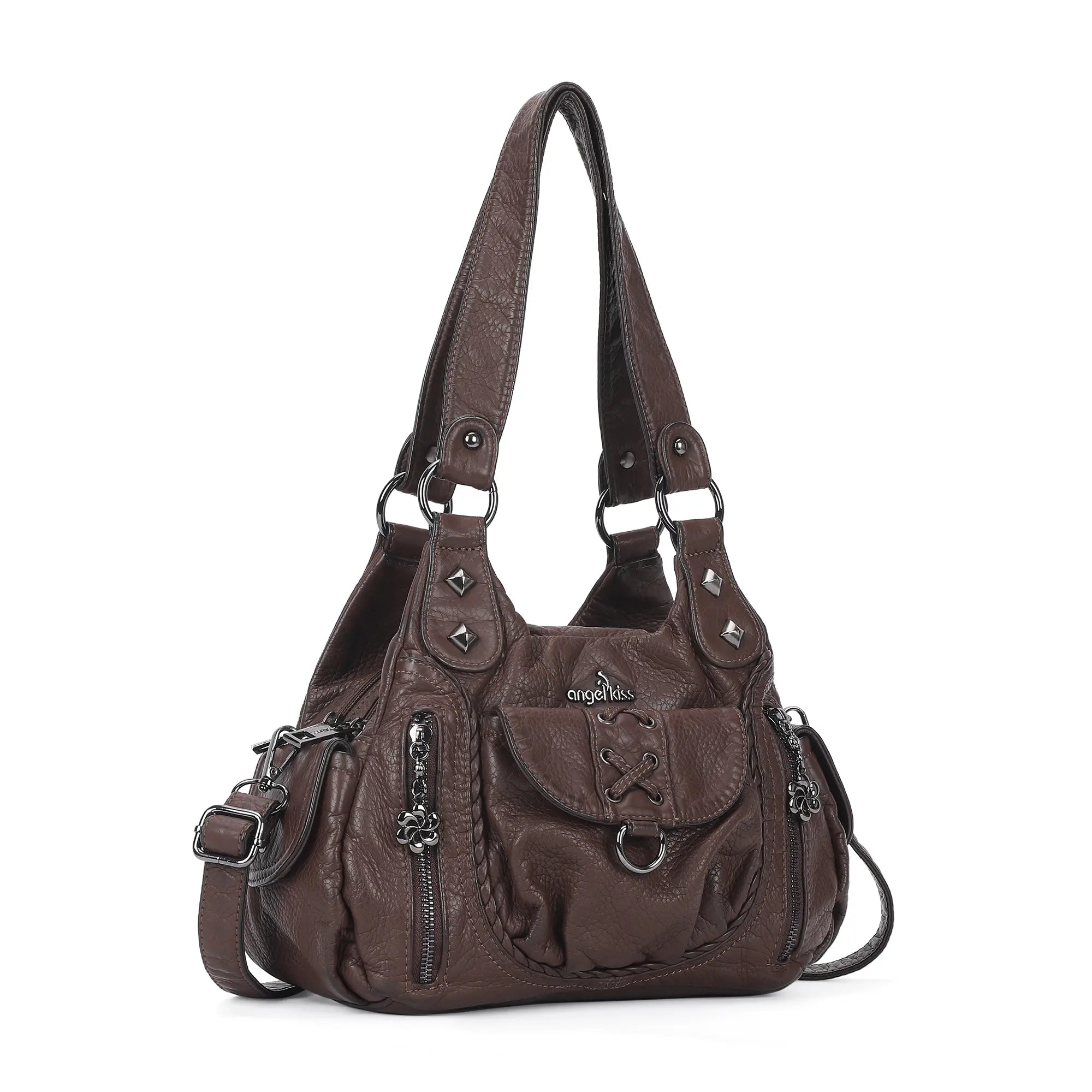 Angelkiss Women’s Vegan Leather Shoulder Handbag – Multi-Pocket Vintage Tote Bag with Adjustable Strap