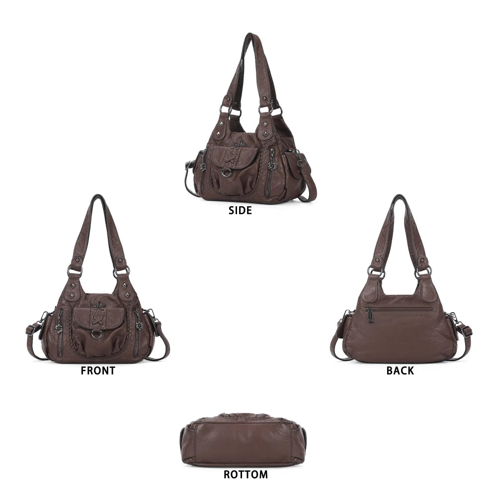 Angelkiss Women’s Vegan Leather Shoulder Handbag – Multi-Pocket Vintage Tote Bag with Adjustable Strap